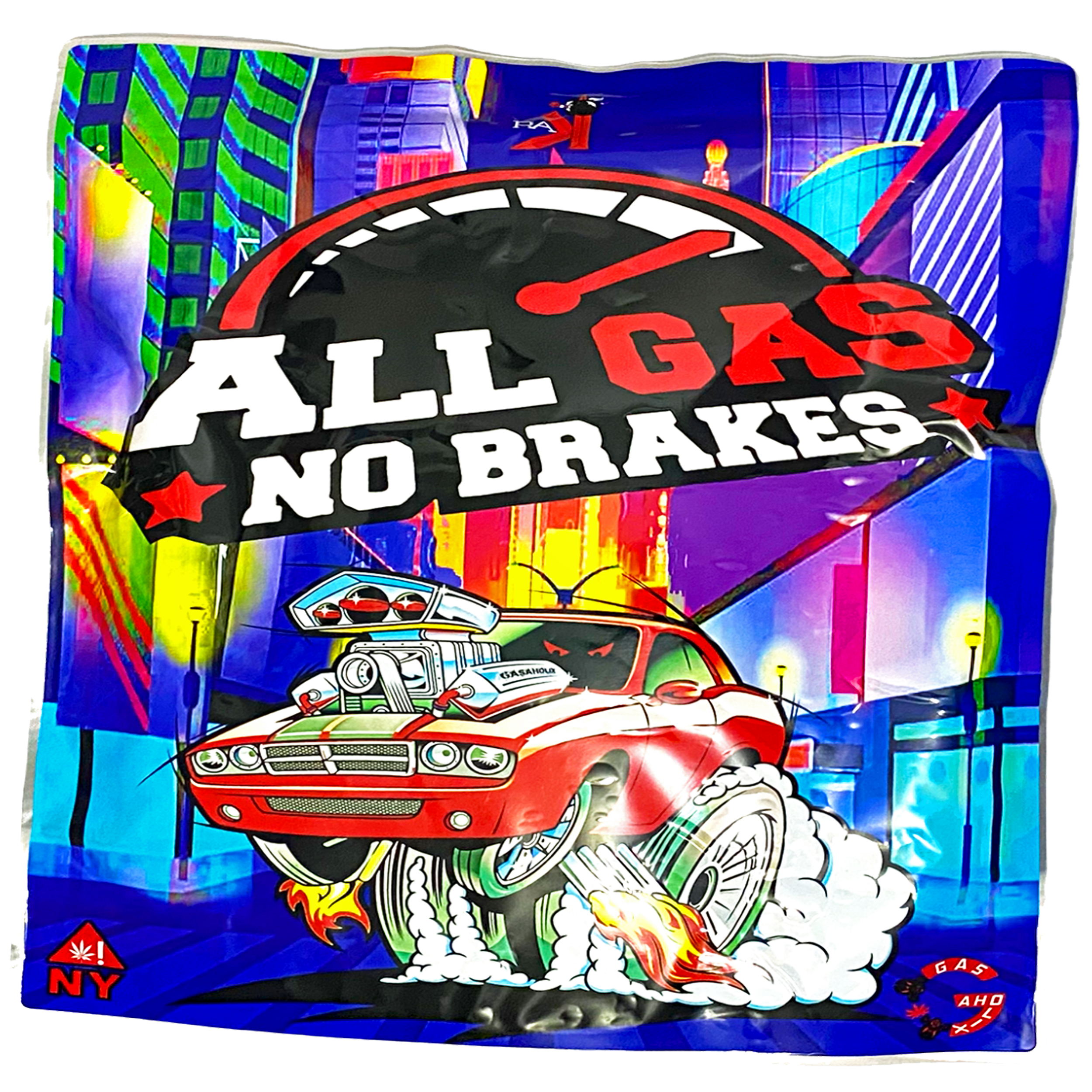 ALL GAS NO BRAKES PLAY  Mylar lb. bag, tray, lighter, leash, pouch, magnet, sticker